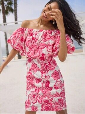 Trina Turk White and Pink Floral Off-Shoulder Ruffle Dress